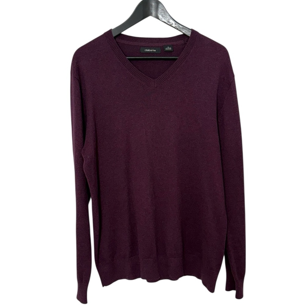 Claiborne Men's Long Sleeve, V-Neck Pullover Sweater Eggplant/Purple, Size M